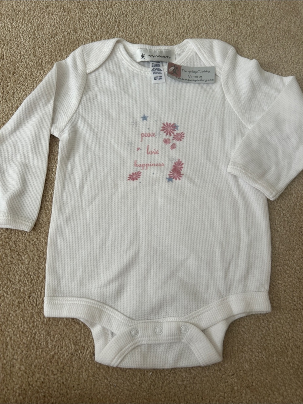 Tranquility White Long-Sleeve Baby One-Piece with Pink Floral Print